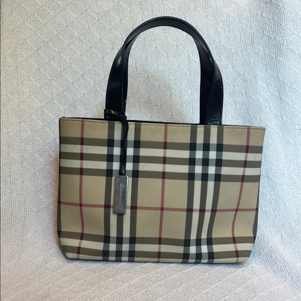 Burberry Tan and Black Tote Bag with Iconic Check Pattern